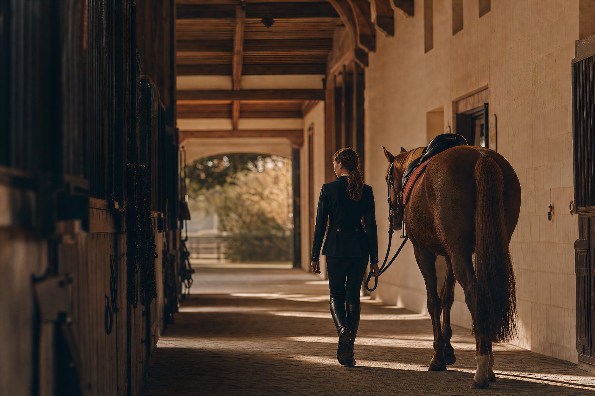A student leads a horse down the stable breezeway at the Penn Valley campus