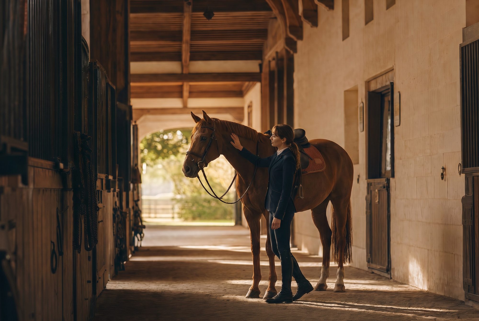A student standing with her horse in the sunlit barn aisle