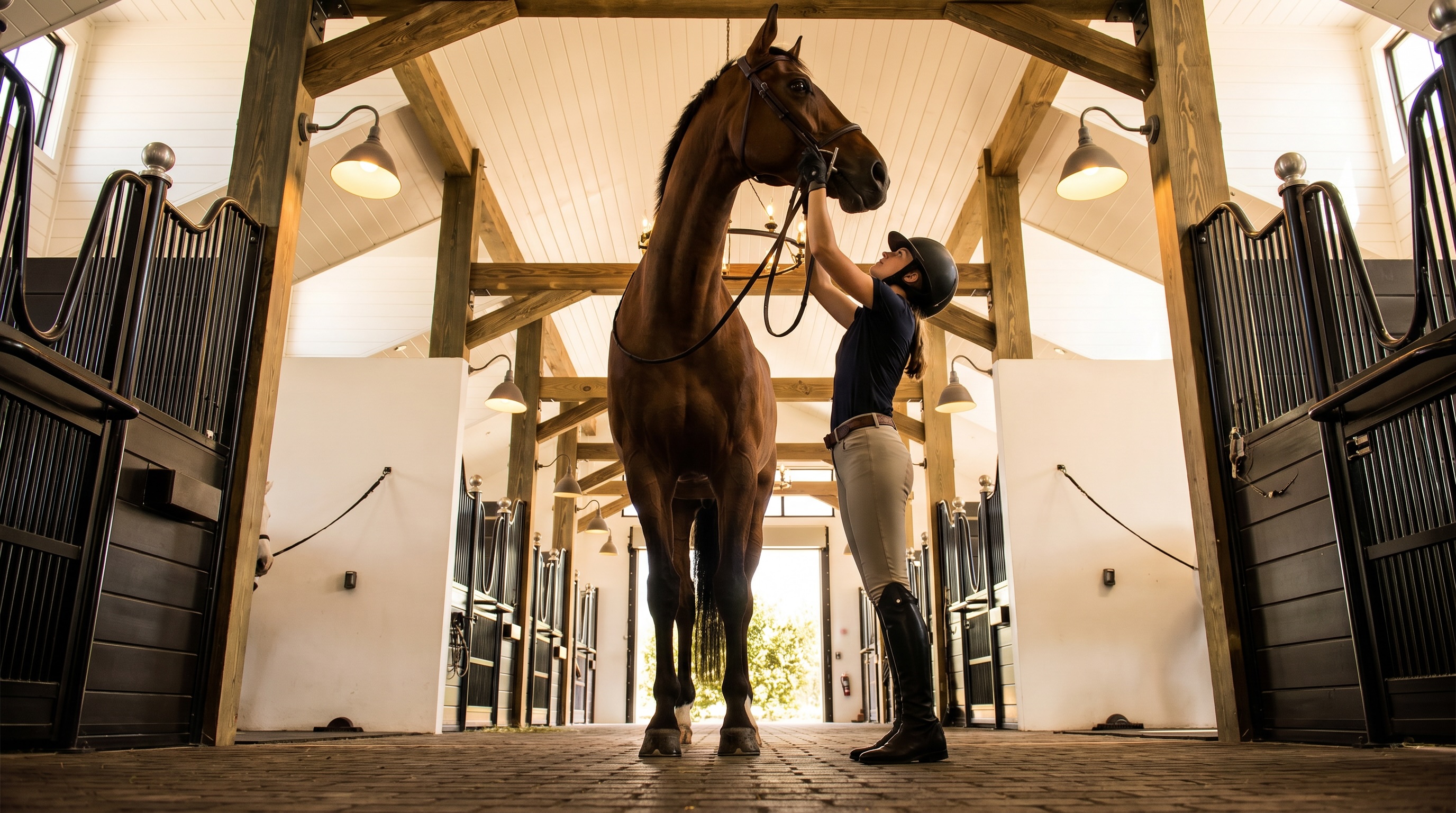 An EACPA rider bridling her horse in the barn aisle