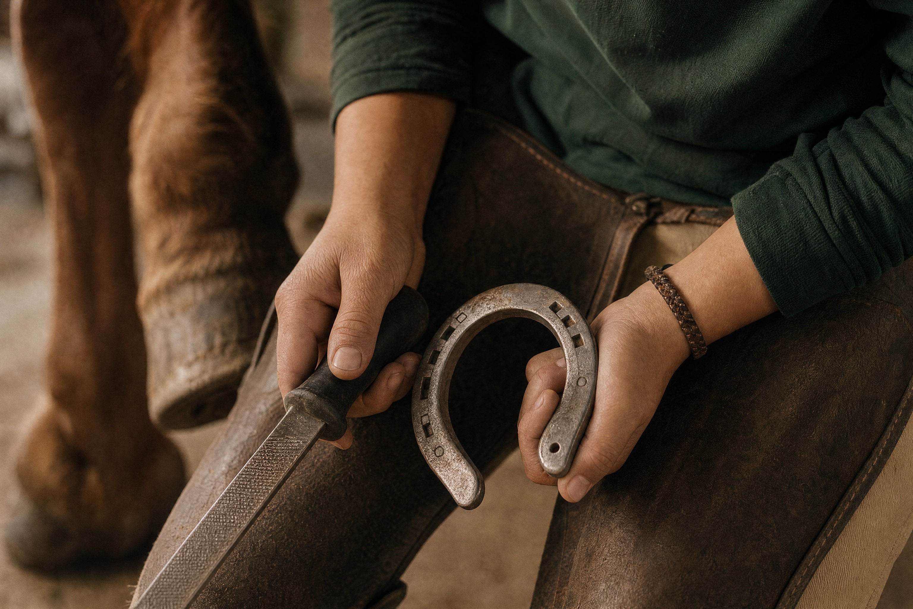 A farrier's hands holding a rasp and a horseshoe beside a horse