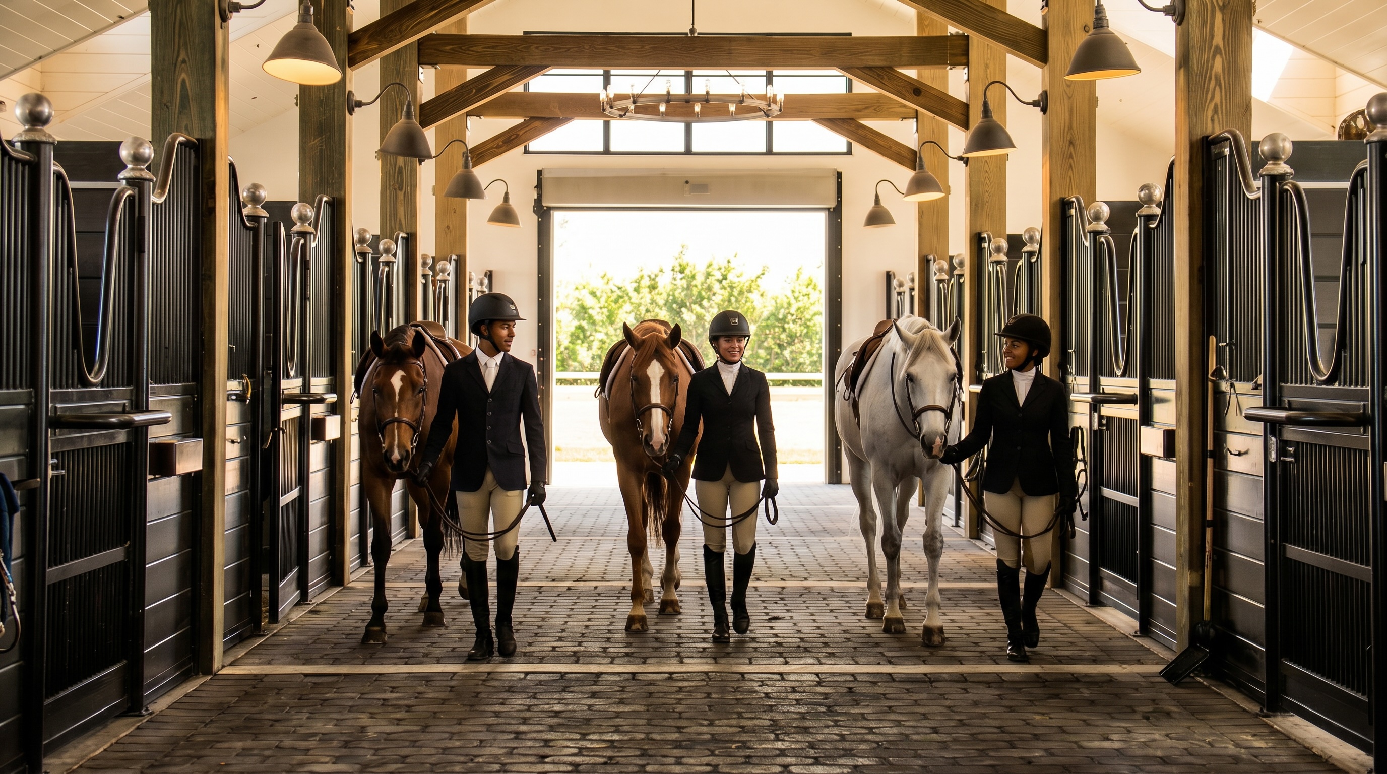 Three EACPA students leading saddled horses down the barn aisle