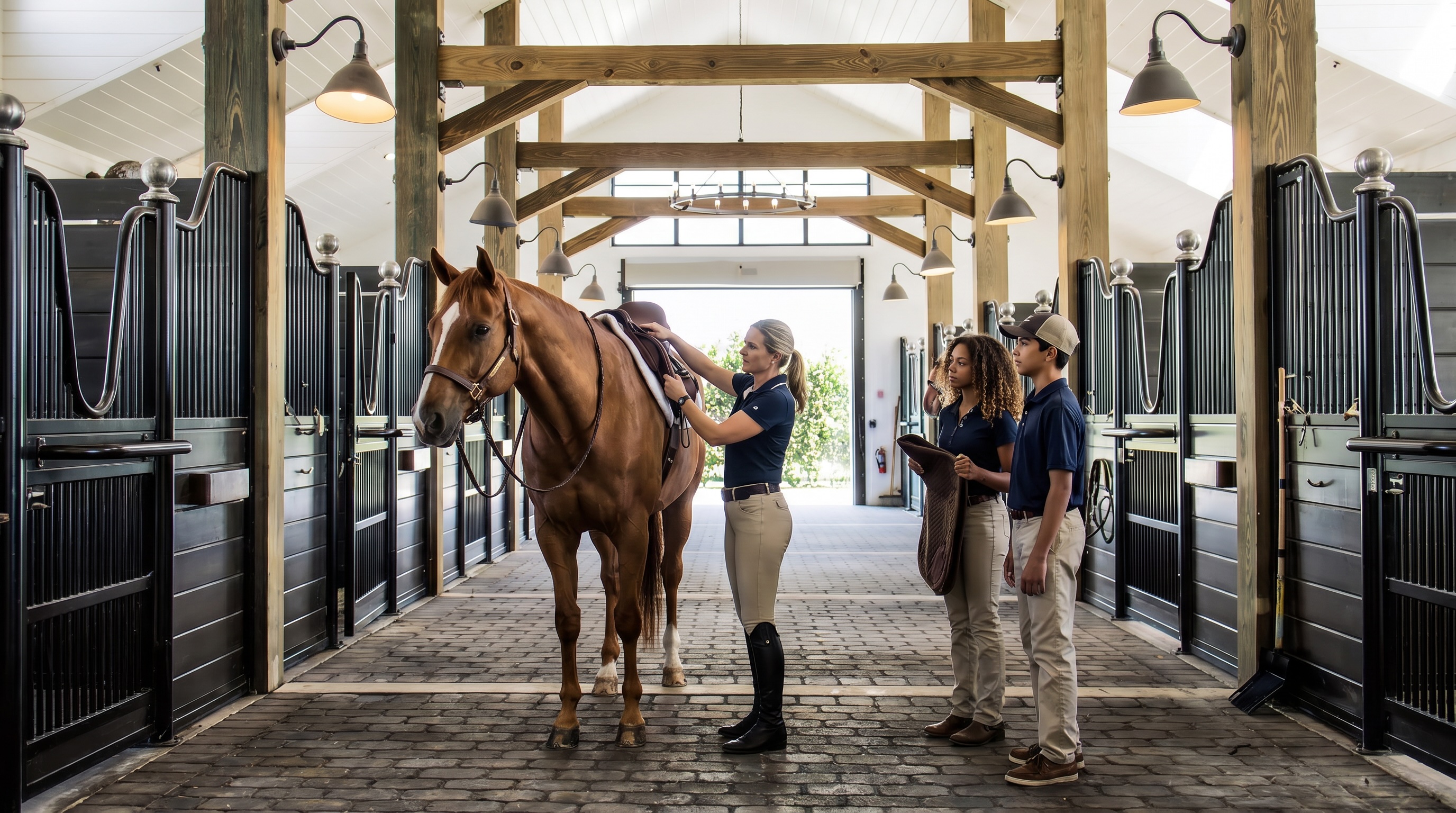 An EACPA instructor demonstrating saddle placement for two students