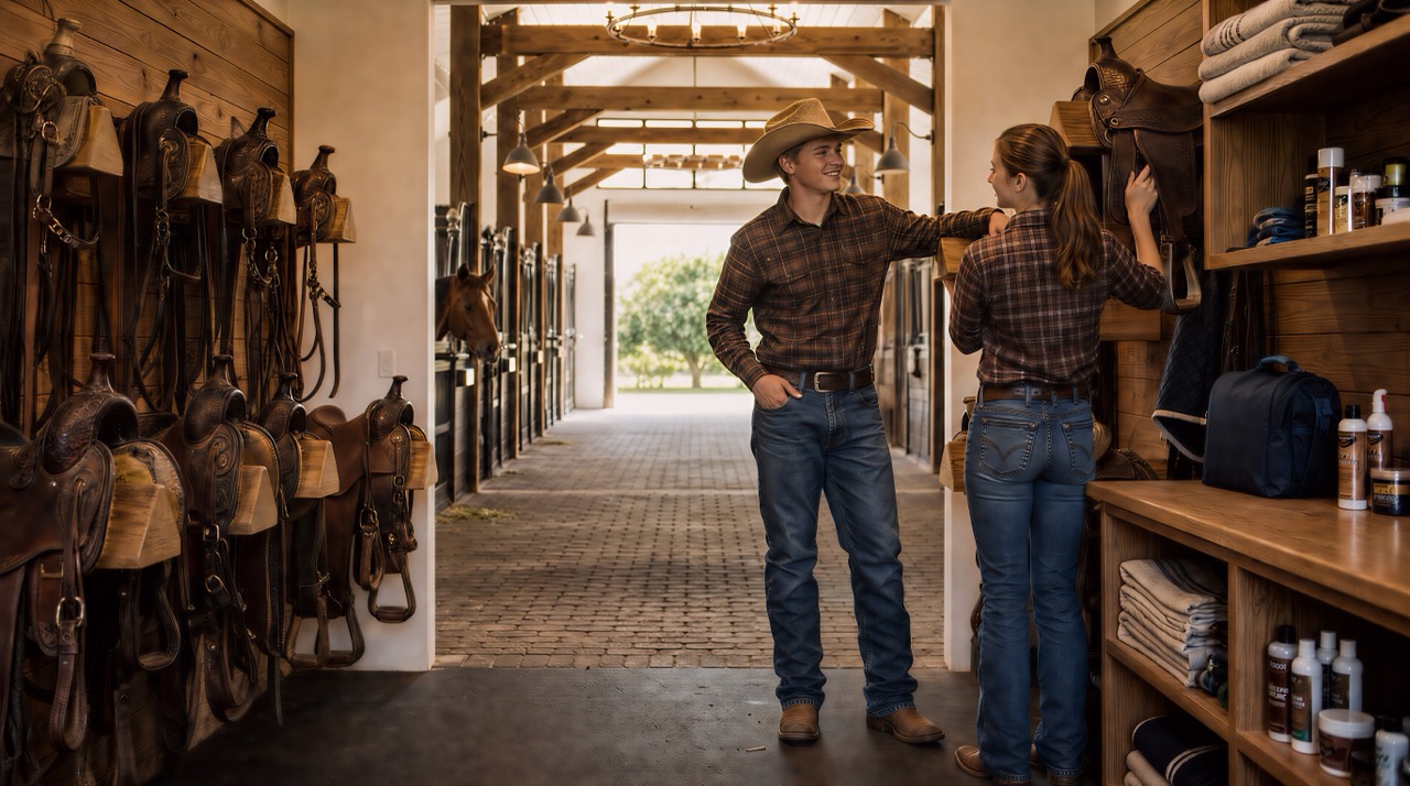An EACPA student selecting a saddle in the tack room